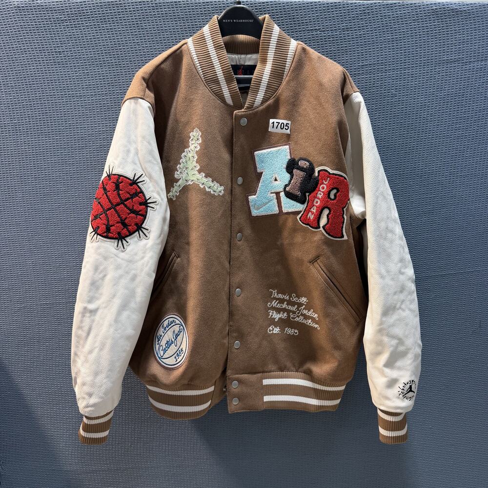 Travis Scott x Jordan Antique Brown‎ Varsity Jacket Unisex Sz L Brand New